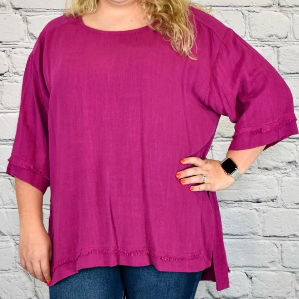 Umgee Plus Size 1XL Pink Linen Blend Oversized Top Boxy High Low Raw Hem Casual